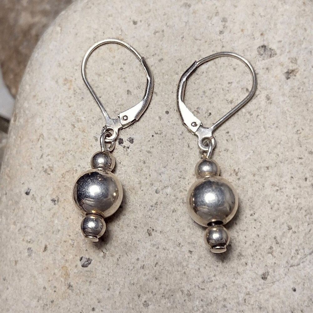 Vintage Sterling Silver Ball Bead Drop Dangle Earrings - Picture 6 of 6